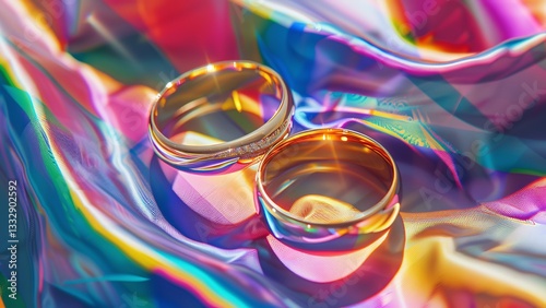 Two Gold Wedding Rings on a Rainbow LGBT Flag: Symbol of Love, Unity, and Equality