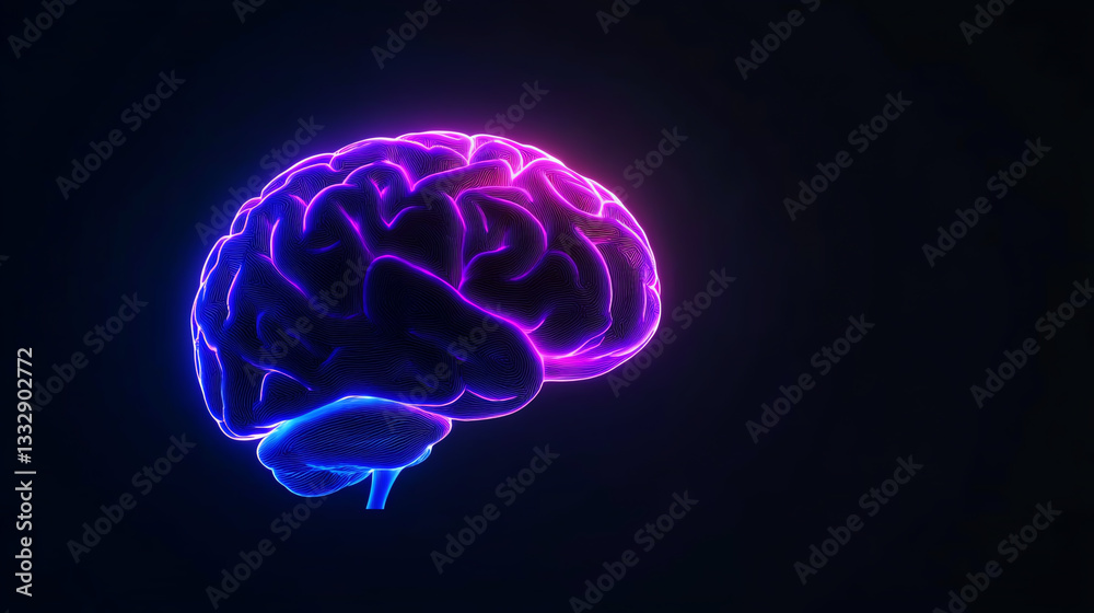A vibrant and captivating neon depiction of a human brain, showcasing intricate details and contours in luminous pink and blue hues against a dark background.