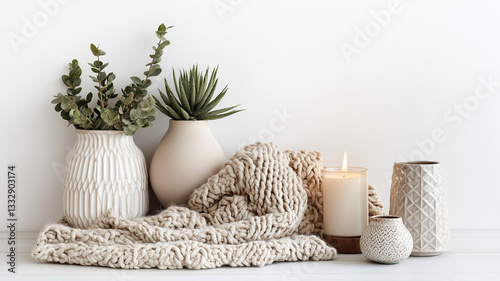 Cozy home decor with plants, candles, and textured blankets for warmth