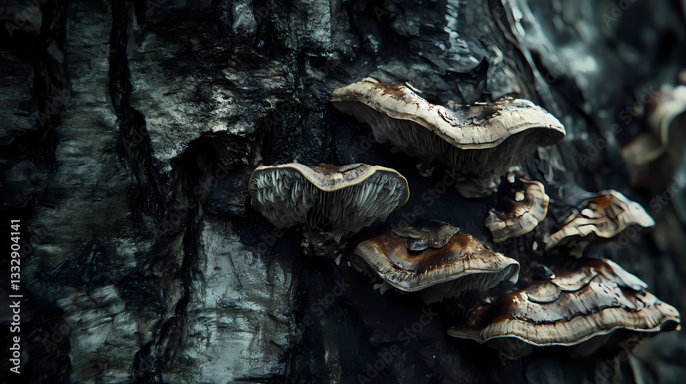 Dark forest fungi growing on ancient tree bark, wildlife, forest, mushrooms. Ancient Mycelium. Illustration Dark forest fungi growing on ancient tree bark, wildlife, forest, mushrooms. Ancient Mycelium. Illustration