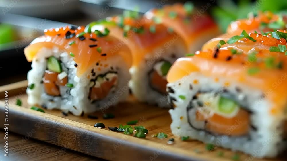Fresh sushi rolls on a wooden platter with herbs Fresh sushi rolls on a wooden platter with herbs