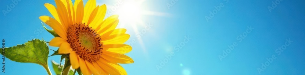 Obraz premium Vibrant sunflower facing sun, bright blue sky , warm, photography