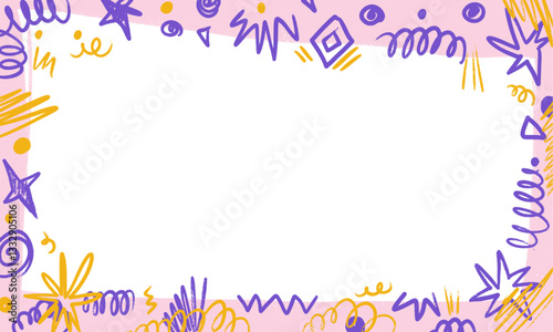 Crayon kids border frame with abstract lines, scribbles, stars. Children hand drawn ornament. Doodle decorated border. Baby frame for your design, school or kindergarten photos. Vector illustration 