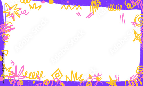 Crayon kids border frame with abstract lines, scribbles, stars. Children hand drawn ornament. Doodle decorated border. Baby frame for your design, school or kindergarten photos. Vector illustration 