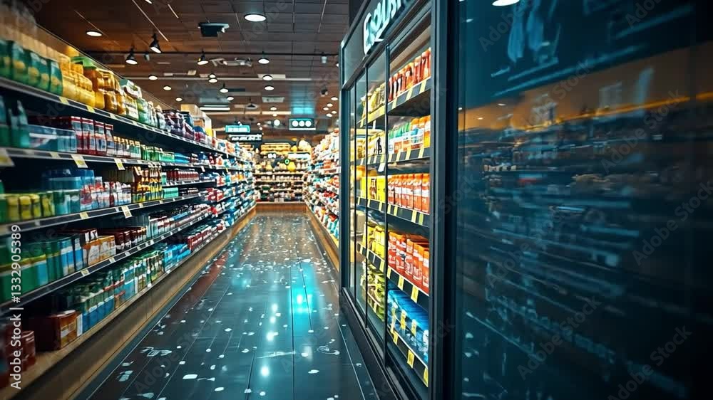 Modern grocery store aisle featuring illuminated shelves and digital displays in busy urban setting