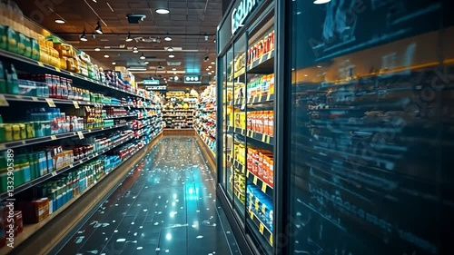 Modern grocery store aisle featuring illuminated shelves and digital displays in busy urban setting