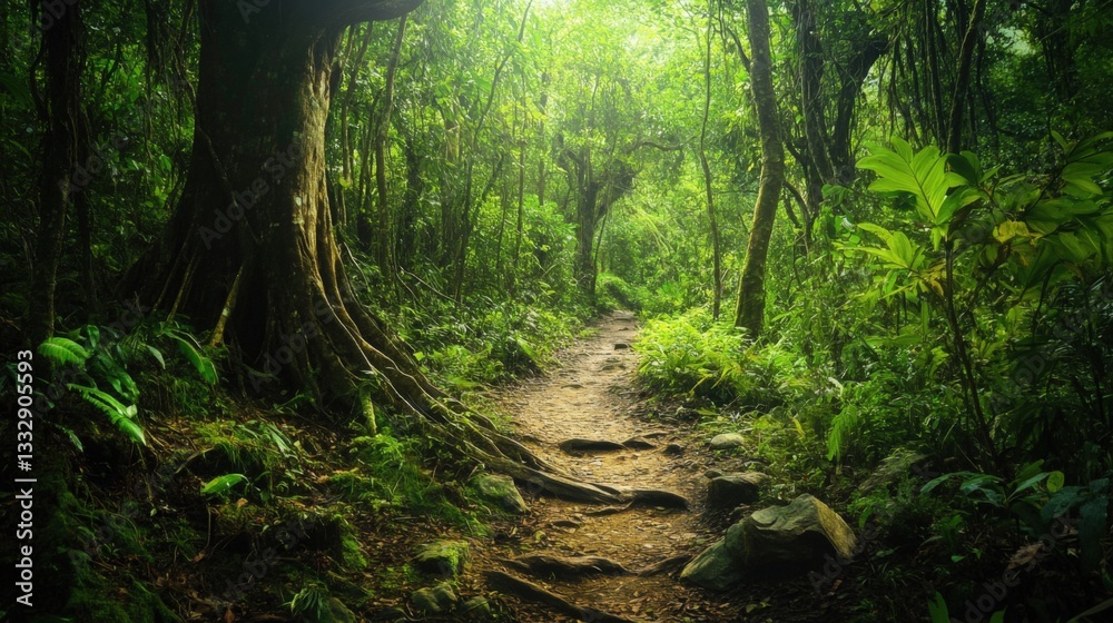 Obraz premium Lush green jungle path with sunlight filtering through canopy.