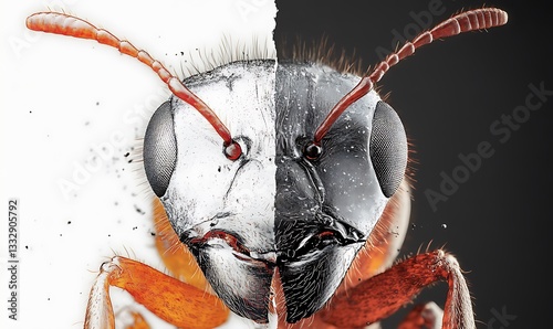 A split face macro photograph of an ant insect creature