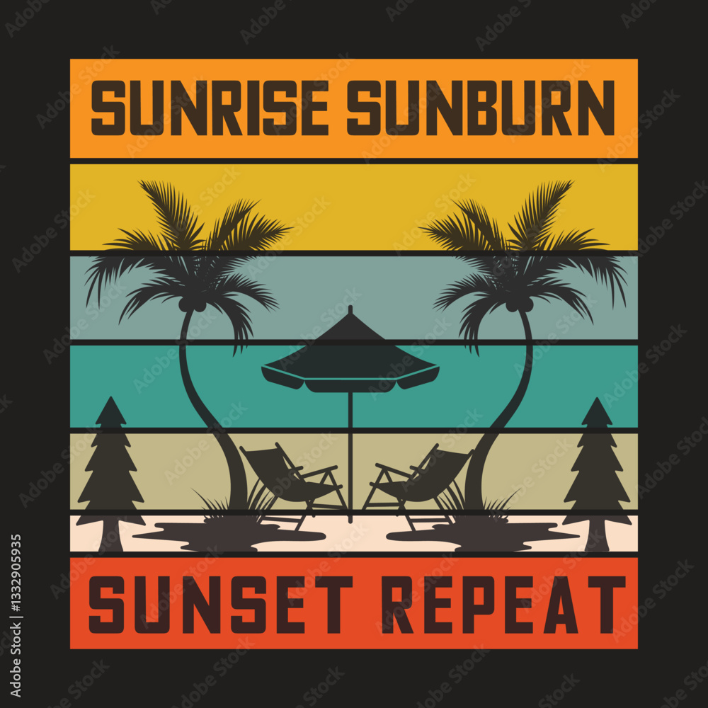Fototapeta premium Summer beach tropical vacation with palm trees, ocean, and sunset illustration