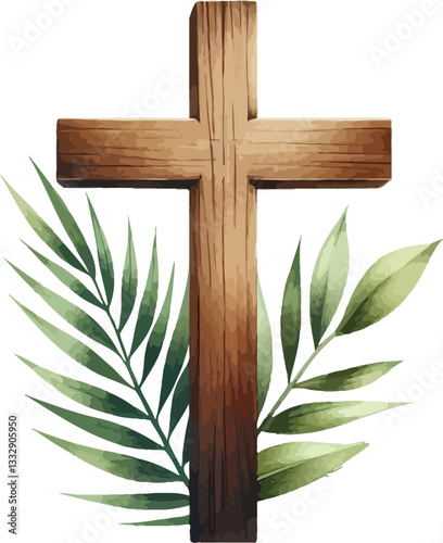 Christian cross vector sumbol .Palm Sunday consept. Wooden cross with palm leaves .  Good Friday .Ester celebration.