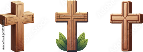 Christian cross vector sumbol .Palm Sunday consept. Wooden cross with palm leaves .  Good Friday .Ester celebration. Simple christian cross collection.