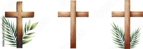Christian cross vector sumbol .Palm Sunday consept. Wooden cross with palm leaves .  Good Friday .Ester celebration. Simple christian cross collection.
