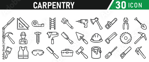 Set of icons related to carpentry. Linear icon collection. Vector illustration