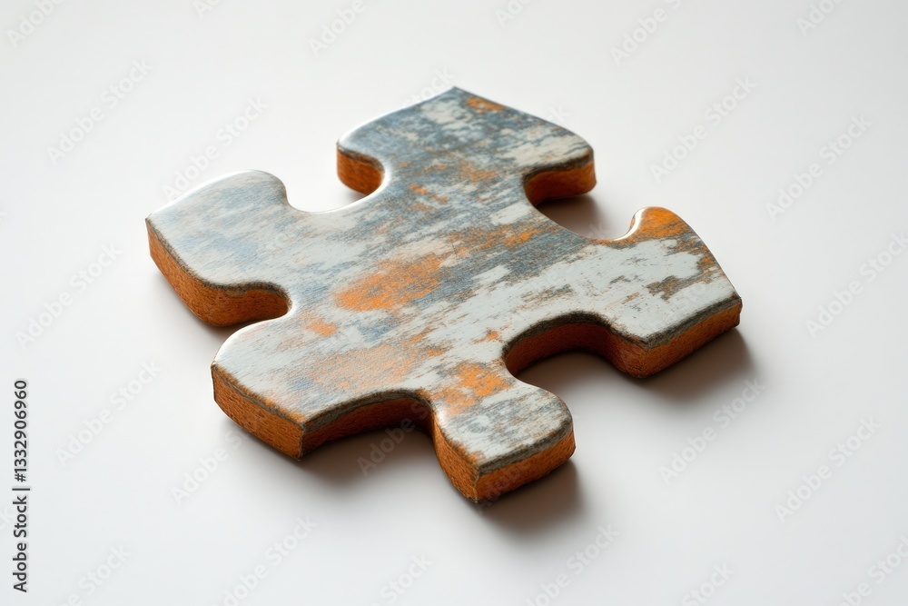 Fototapeta premium A single weathered wooden puzzle piece laying on a white surface