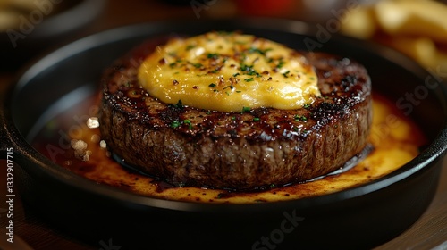 Delicious, perfectly cooked steak topped with melted cheese and herbs.  A savory, restaurant-quality dish served in a cast iron pan