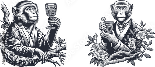vintage set of Macaque holding vintage crystal glass on a branch vector illustration, engraving sketch ink poster black etching tattoo cultural fusion, imaginative design, timeless art