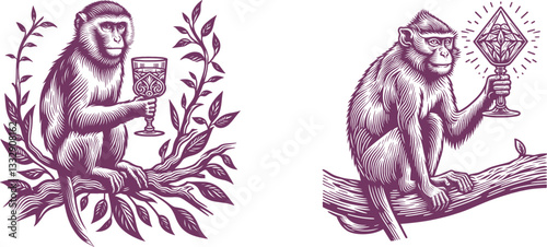 vintage set of Macaque holding vintage crystal glass on a branch vector illustration, engraving sketch ink poster black etching tattoo old color 
