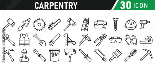 Set of icons related to carpentry. Linear icon collection. Vector illustration