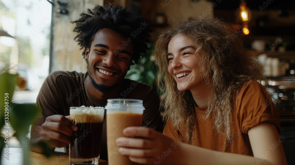 Ice coffee in tall glass with cream in people hands. Set with different types of Cold Brew coffee drinks on blurred cafe background. Ice coffee in tall glass with cream in people hands. Set with different types of Cold Brew coffee drinks on blurred cafe background.