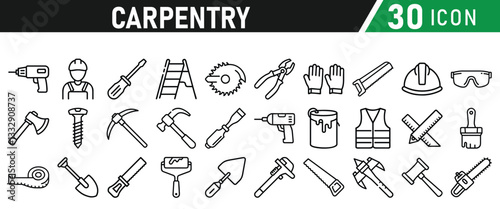 Set of icons related to carpentry. Linear icon collection. Vector illustration