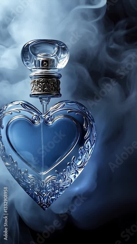 Elegant blue heart-shaped perfume bottle emitting a smoky aura