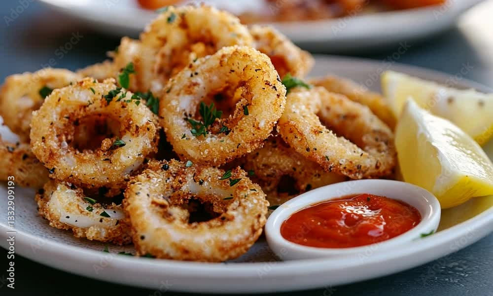 Crispy fried calamari served with lemon wedges and marinara sauce on a rustic table setting Crispy fried calamari served with lemon wedges and marinara sauce on a rustic table setting
