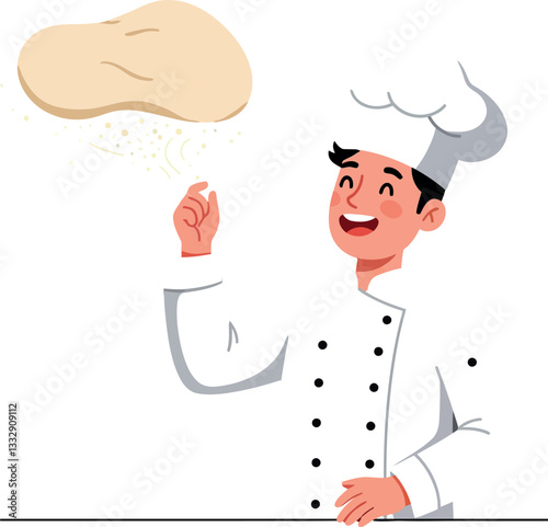 A cheerful chef tossing pizza dough in the air, featuring a flat and minimal design style, showcasing skill and joy in vector art