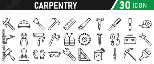 Set of icons related to carpentry. Linear icon collection. Vector illustration