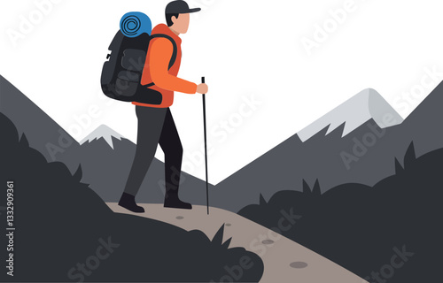 Hiker wearing orange jacket trekking along a winding path in a mountainous landscape, flat vector illustration