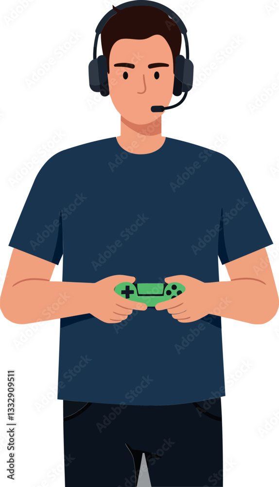 Young man holding a game controller while wearing headphones in a flat vector illustration Young man holding a game controller while wearing headphones in a flat vector illustration