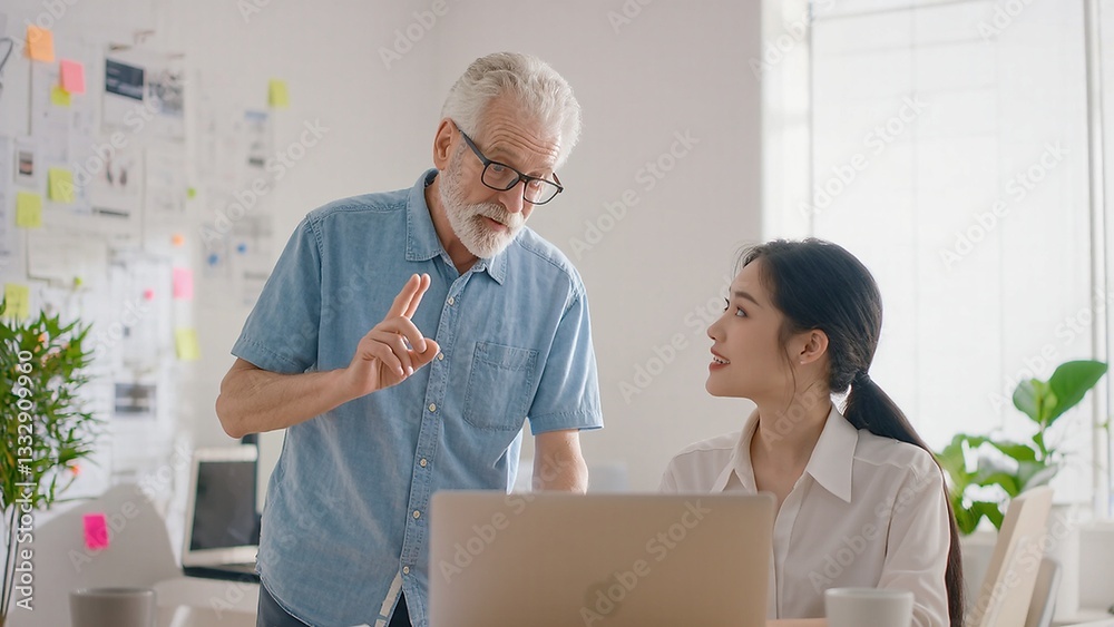 Fototapeta premium Mentoring in modern office: Senior man explains project to Asian woman at computer.