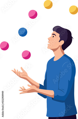 A young man skillfully juggling colorful balls in a flat, minimal design vector illustration