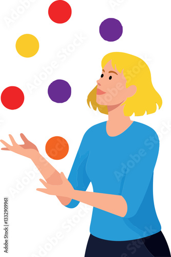 A woman joyfully juggling colorful balls in a playful and vibrant flat vector art scene