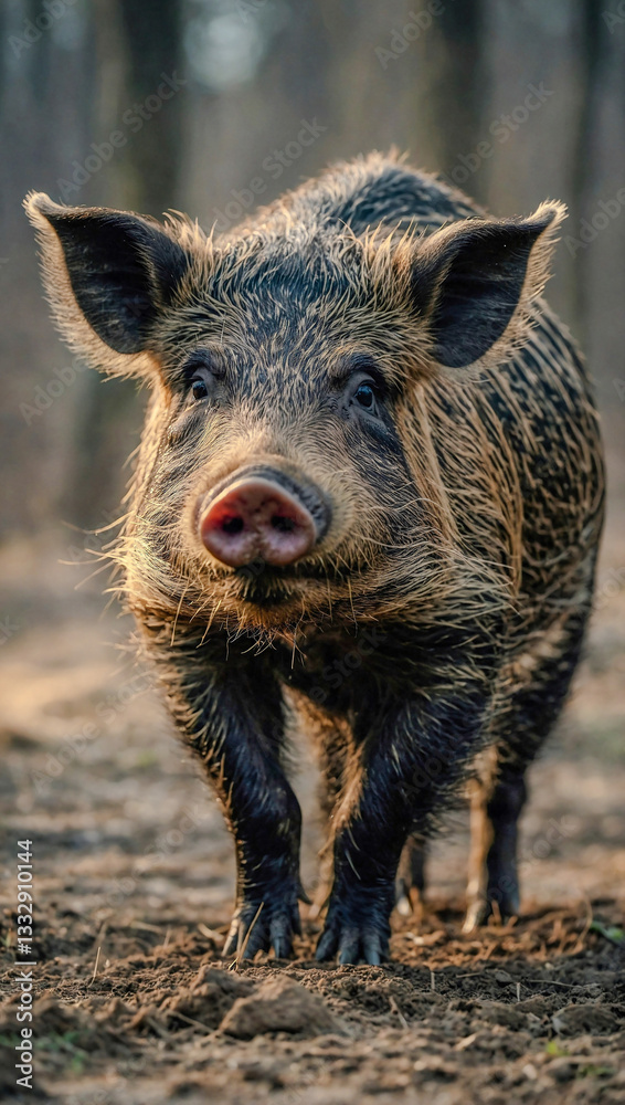 Close-up of wild boar excitedly sniffing the ground for food Close-up of wild boar excitedly sniffing the ground for food