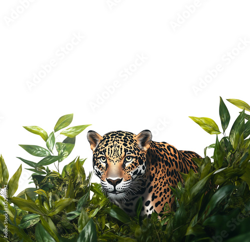 jaguar en una escena selvática, rodeado de vegetación verde y exuberante. El felino tiene un pelaje amarillo con manchas negras, ojos penetrantes y una expresión cautelosa sobre fondo transparente