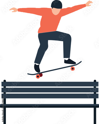 Skater performing an impressive trick over a park bench in flat vector art