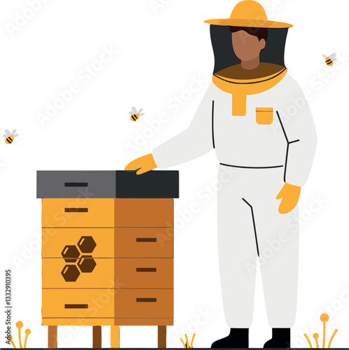 Beekeeper in protective suit tending to a hive surrounded by buzzing bees in flat vector art