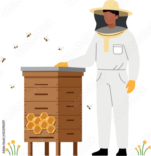 Beekeeper in protective gear tending to a beehive with bees flying around in flat vector art