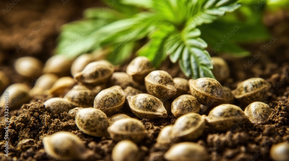 Obraz premium Hemp seeds on soil with a plant sprout.