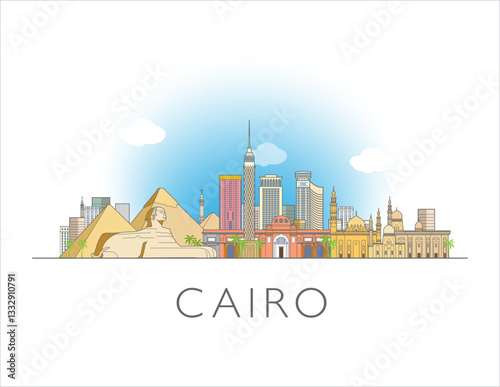 Coloured Cairo cityscape illustration skyline drawing in Egypt
