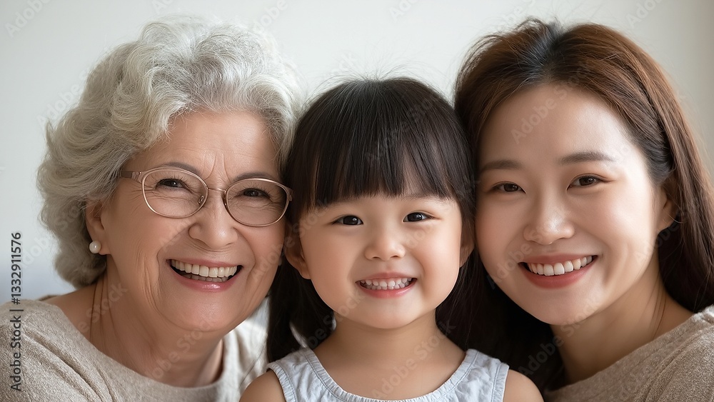 Three generations: Grandmother, mother, and daughter smiling warmly indoors, showcasing family bonds. Three generations: Grandmother, mother, and daughter smiling warmly indoors, showcasing family bonds.