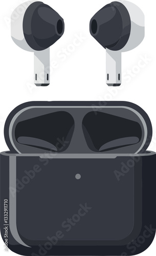 Black wireless earbuds in a sleek charging case, minimal and modern vector art