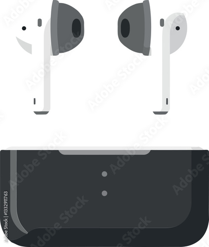 Wireless earbuds resting in a sleek black charging case, minimal vector illustration showcasing modern audio technology