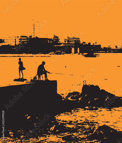 Fisherman sat on jetty by sea silhouette