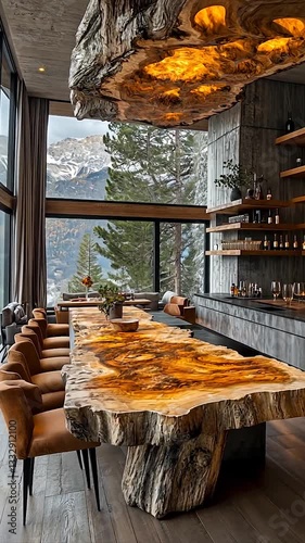 Elegant wooden dining table in modern mountain lodge with stunning views