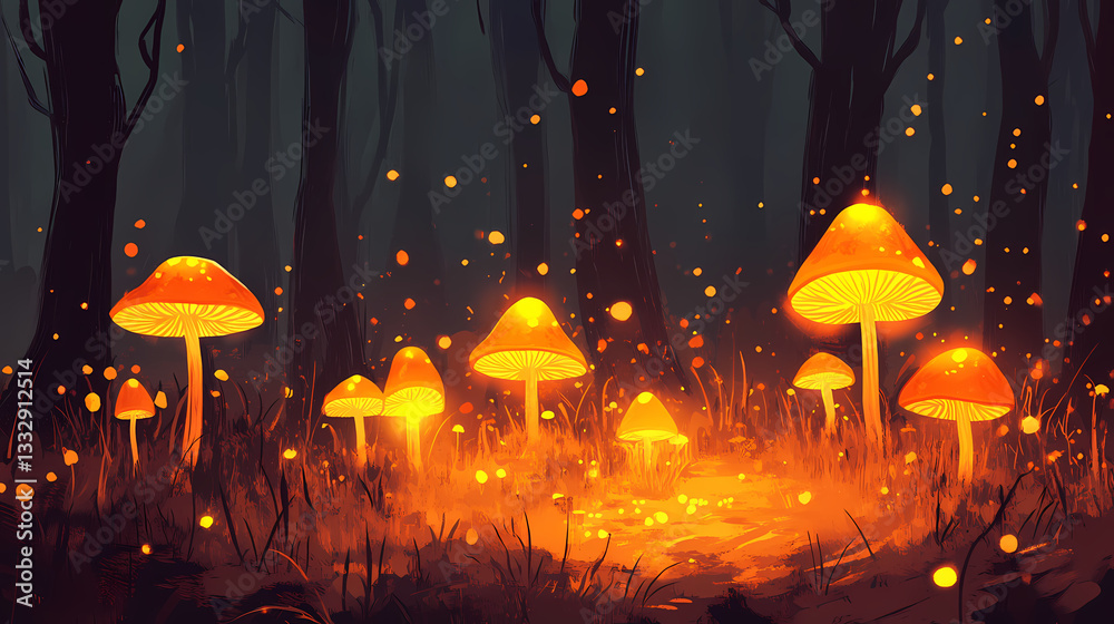 A forest floor covered in soft, ethereal orange mushrooms, casting an otherworldly light, ambient, forest. Ethereal Fungi. Illustration A forest floor covered in soft, ethereal orange mushrooms, casting an otherworldly light, ambient, forest. Ethereal Fungi. Illustration