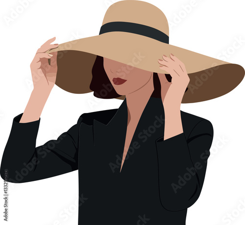 Elegant woman adjusting large sun hat in minimal style vector illustration