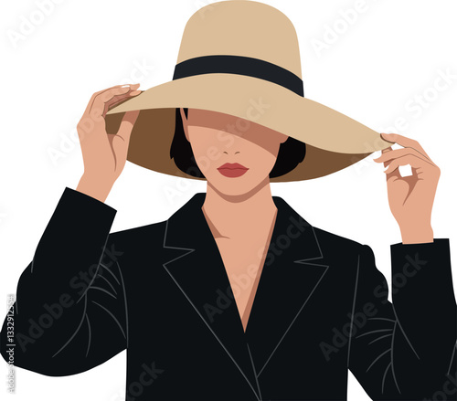Woman adjusting her wide-brimmed hat in a black blazer, minimal vector illustration
