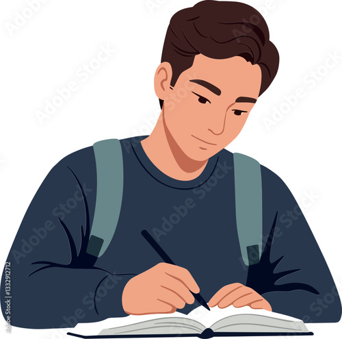 Young man studying with a notebook and pen in a flat vector illustration