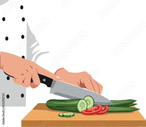 Chef slicing fresh vegetables on a wooden cutting board in flat vector art